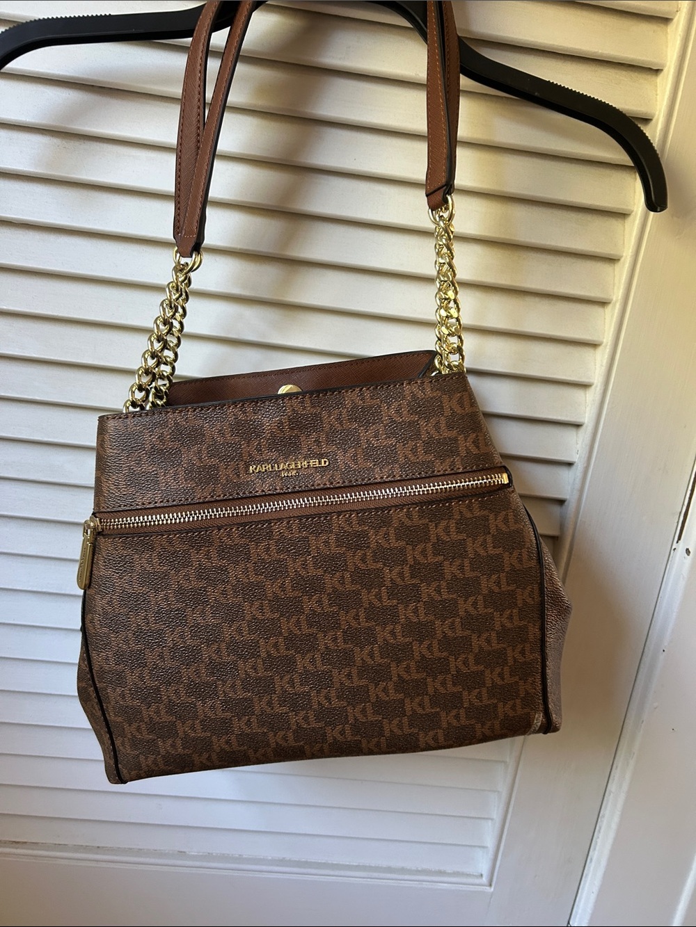 Karl Lagerfeld Brown Monogram Chain Shoulder Bag with Gold Hardware